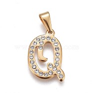 304 Stainless Steel Pendants, with Rhinestone, Letter, Letter.Q, 22.5x15x2mm, Hole: 3~3.5x7.5~8mm(STAS-F202-16G-Q)