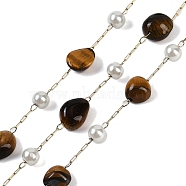 Ion Plating(IP) 304 Stainless Steel Paperclip Chains, with Natural Tiger Eye Beaded and ABS Plastic Pearl, Real 18K Gold Plated, 11x7x4x5mm, about 32.81 Feet(10m)/Roll(CHS-D037-01H)