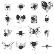 16Pcs 16 Style Rack Plating Alloy with Black Glass Pendants, with ABS Plastic Imitation Pearl Beaded, Heart & Star & Tooth & Butterfly & Wing Charms, Platinum, 18~34x12~28x3~7mm, hole: 1~4.5mm, 1Pc/style(FIND-YW0003-32)