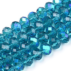 Electroplate Glass Beads Strands, Half Rainbow Plated, Faceted, Rondelle, Steel Blue, 10x8mm, Hole: 1mm, about 63~65pcs/strand, 19.2~20 inch(48~50cm)(X-EGLA-A034-T10mm-L25)