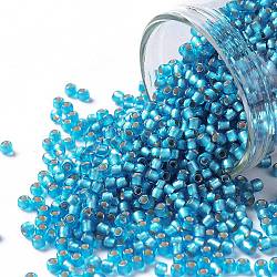 TOHO Round Seed Beads, Japanese Seed Beads, (23BF) Silver Lined Frost Dark Aquamarine, 11/0, 2.2mm, Hole: 0.8mm, about 1110pcs/10g(X-SEED-TR11-0023BF)