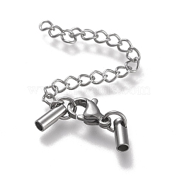 304 Stainless Steel Curb Chain Extender, with Cord Ends and Lobster Claw Clasps, Stainless Steel Color, Chain Extender: 52mm, Clasps: 10.5x6.5x3.5mm, Cord Ends: 7.5x2.5mm, 2mm inner diameter(STAS-K195-29P-09)