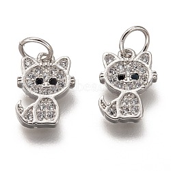 Brass Micro Pave Clear Cubic Zirconia Charms, Long-Lasting Plated, with Jump Ring, Cat, Platinum, 11.5x8x2mm, Jump Ring: 5x1mm, 3mm Inner Diameter(ZIRC-C020-38P)