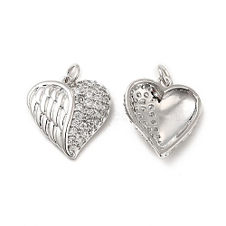 Brass Micro Pave Clear Cubic Zirconia Pendants, with Jump Ring, Heart with Wing Charm, Platinum, 17.5x16x4mm, Hole: 3.5mm(KK-E068-VB167)