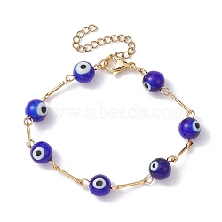 Lampwork Evil Eye Link Chain Bracelets, with Golden Brass Bar Link Chains, Blue, 7 inch(17.8cm)(BJEW-JB10045-03)