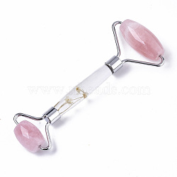 Natural Rose Quartz Massage Tools, Facial Rollers, with K9 Glass & Dried Flower Handle & Zinc Alloy Findings, Platinum, 145x57x20.5mm(G-R466-01P)