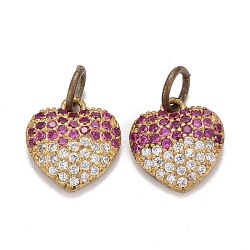 Brass Micro Pave Medium Violet Red & Clear Cubic Zirconia Charms, with Jump Ring, Heart, Raw(Unplated), 10.5x10x2.5mm, Hole: 3mm(ZIRC-G166-25G-A)