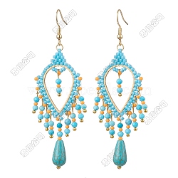 Bohemian Handmade Glass Beads Teardrop Chandelier Earrings, with Synthetic Turquoise, Golden, 81.5x30.5mm(EJEW-FS00084)