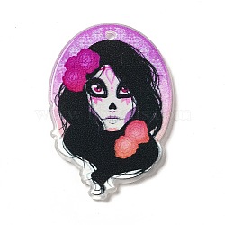 Halloween  Acrylic Pendants, Skullgirls with Flower Charms, Magenta, 38x26.5x2.6mm, Hole: 2mm(SACR-B004-05C)