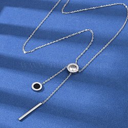 304 Stainless Steel Crystal Rhinestone Flat Round Pendant Y Necklaces, with Black Plastic, Stainless Steel Color, 18.43 inch(46.8cm)(NJEW-V001-03P)