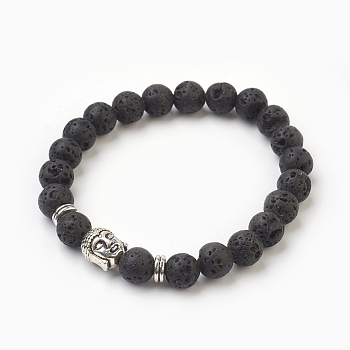 Natural Lava Rock Beads Stretch Bracelets, with Alloy Findings, Buddha, Burlap Packing, Antique Silver, 2-1/8 inch(5.3cm), Bag: 12x8.5x3cm