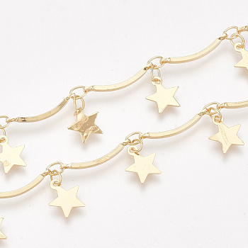 Handmade Scalloped Bar Chains, with Star Charm and Spool, Soldered, Nickel Free, Real 18K Gold Plated, 15x2.5x1mm, about 32.8 Feet(10m)/roll