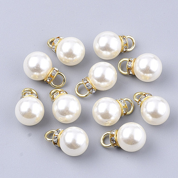 High Luster ABS Plastic Imitation Pearl Pendants, with Golden Plated Iron Findings and Crystal Rhinestone, Round, Creamy White, 18.5x11.5mm, Hole: 4mm