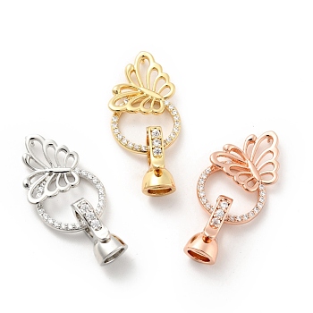 Butterfly with Ring Brass Micro Pave Clear Cubic Zirconia Fold Over Clasps, Cadmium Free & Lead Free, Mixed Color, Butterfly: 15x17.5x3mm, hole: 1mm, Clasp: 13x7x6mm, Inner Diameter: 4mm