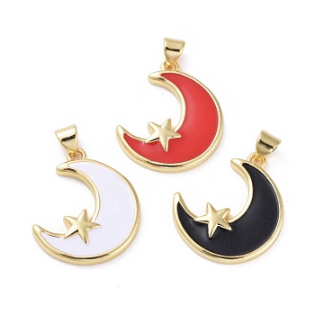 Enamel Pendants, with Brass Findings, Moon with Star, Golden, Mixed Color, 23x20x3mm, Hole: 3.5x5.5mm