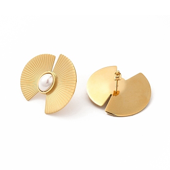 Fan Ion Plating(IP) 304 Stainless Steel Stud Earrings, Plastic Imitation Pearl Earrings for Women, Golden, 30.5x33mm, Pin: 0.8mm