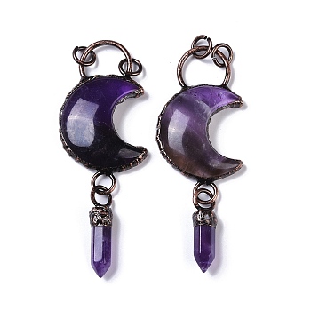 Natural Amethyst Crescent Moon Big Pendants, Faceted Bullet Gems Charms with Red Copper Plated Brass Findings, 95x32x9mm, Hole: 6mm
