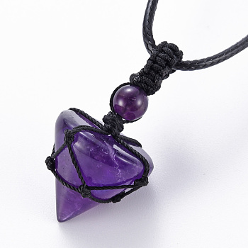 Natural Amethyst Cone Pendant Necklace, Full Wrapped Gemstone Pendant Necklace for Girl Women, Black, 30.7~31.73 inch(78~80.6cm)