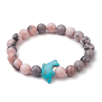 85MM Round Natural Pink Zebra Jasper Beaded Stretch Bracelets, Synthetic Turquoise Dolphin Bead Stretch Bracelets for Women Men, 3/8 inch(0.85cm), Inner Diameter: 2-3/8 inch(6cm)