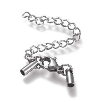 304 Stainless Steel Curb Chain Extender, with Cord Ends and Lobster Claw Clasps, Stainless Steel Color, Chain Extender: 52mm, Clasps: 10.5x6.5x3.5mm, Cord Ends: 7.5x2.5mm, 2mm inner diameter