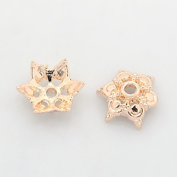 Nickel Free & Lead Free Rose Gold Alloy Fancy Bead Caps, Long-Lasting Plated, 6-Petal, Flower, 13x5mm, Hole: 2mm
