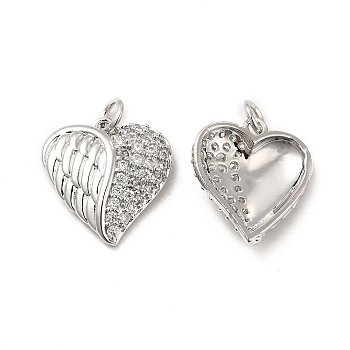 Brass Micro Pave Clear Cubic Zirconia Pendants, with Jump Ring, Heart with Wing Charm, Platinum, 17.5x16x4mm, Hole: 3.5mm