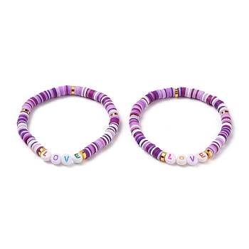Polymer Clay Heishi Beads Stretch Bracelets, for Valentine's Day, with Acrylic Letter Beads and Brass Spacer Beads, Word Love, Lilac, Inner Diameter: 2-1/4 inch(5.7cm)