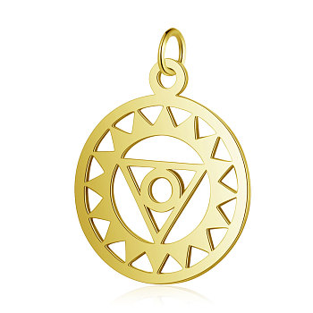 201 Stainless Steel Pendants, Chakra, Visuddha, Flat Round with Triangle, Golden, 22.5x19x1mm, Hole: 3mm