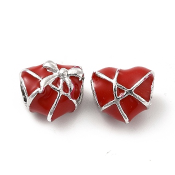 Rack Plating Alloy Enamel European Beads, Large Hole Beads, Heart with Bowknot, Red, 11.5x12.5x9.5mm, Hole: 5mm