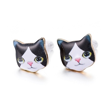 Real 14K Gold Plated Alloy Kitten Stud Earrings, with Enamel and Environment Stainless Steel Pin, Printed, Cat Pattern, White, 10~10.5x10.5~11mm, pin: 0.7mm