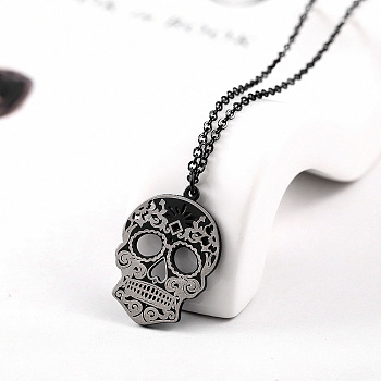 Stainless Steel Mexican Candy Skull Pendant Necklaces, Black