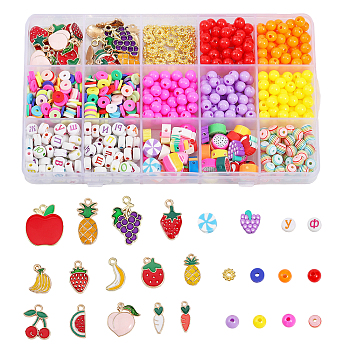 DIY Furit Theme Jewelry Making Finding Kit, Including Plastic & Resin Stripe & Polymer Clay Sweet Food & Acrylic Letter & Alloy Spacer Beads, Pineapple & Carrot & Cherry Alloy Enamel Pendants, Mixed Color, 826pcs/box