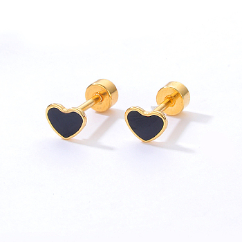 Heart Stainless Steel Stud Earring, with Enamel, Real 18K Gold Plated, Black, 6x6mm