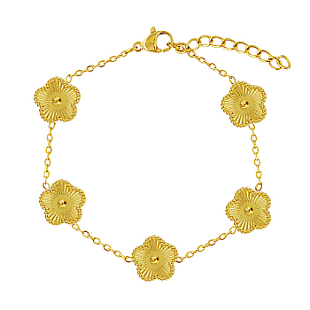 Stainless Steel Flower Link Chain Bracelet, Real 18K Gold Plated, 6-3/4 inch(17cm)