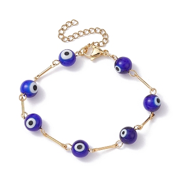 Lampwork Evil Eye Link Chain Bracelets, with Golden Brass Bar Link Chains, Blue, 7 inch(17.8cm)