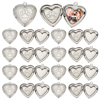 Elite 20Pcs 304 Stainless Steel Locket Pendants, Heart with Paw Print Charm, Stainless Steel Color, 22.5x19.5x2.5mm, Hole: 1.6mm, Inner Diameter: 11x14mm