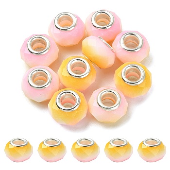 Glass European Beads, Large Hole Beads, with Silver Tone Brass Double Cores, Faceted Rondelle, Dark Orange, 14x9mm, Hole: 5mm