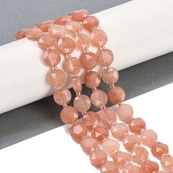 Natural Sunstone Beads Strands, Faceted Pentagonal Cut, Flat Round, with Seed Beads, 10~10.5x5~6mm, Hole: 1mm, about 32~33pcs/strand, 15.75''(40cm)