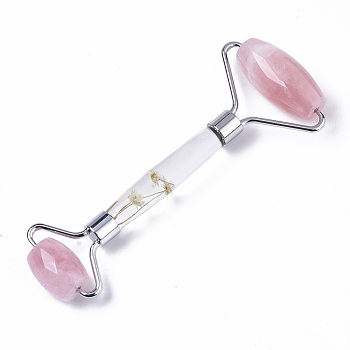Natural Rose Quartz Massage Tools, Facial Rollers, with K9 Glass & Dried Flower Handle & Zinc Alloy Findings, Platinum, 145x57x20.5mm