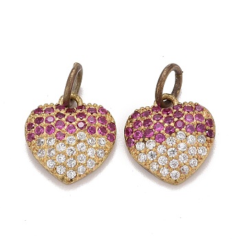 Brass Micro Pave Medium Violet Red & Clear Cubic Zirconia Charms, with Jump Ring, Heart, Raw(Unplated), 10.5x10x2.5mm, Hole: 3mm