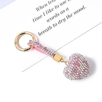 PU Leather & Rhinestone Keychain, with Alloy Spring Gate Rings, Heart, Light Rose, 11.5x4.5cm