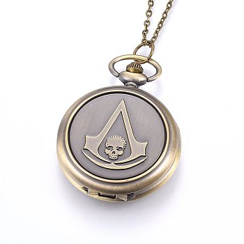Alloy Pendant Necklace Quartz Pocket Watches, with Iron Chains and Lobster Claw Clasps, Flat Round with Skull, Antique Bronze, 31.9 inch(81cm), Watch: 65x47x14mm