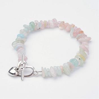 Natural Morganite Beaded Bracelets, with Alloy Toggle Clasps, Heart, 8-1/4 inch(208mm)