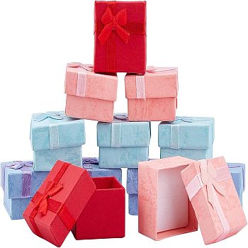 Valentines Day Presents Packages Cardboard Ring Boxes, with Satin Ribbons Bowknot outside, Square, Mixed Color, 4.1x4.1x2.6cm, 4 colors, 8pcs/color, 32pcs/set