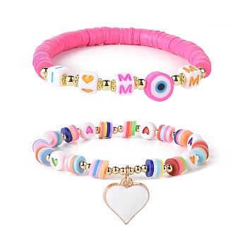 Word I Love Mom Acrylic Beaded Bracelet Sets for Mother's Day, Alloy Enamel Heart Charm Bracelet & Polymer Clay Evil Eye Stretch Bracelet for Womens, Mixed Color, Inner Diameter: 2-1/8 inch(5.3~5.5cm), 2pcs/set