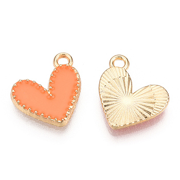 Alloy Enamel Charms, Cadmium Free & Nickel Free & Lead Free, Light Gold, Heart Charm, Coral, 14x13.5x2mm, Hole: 1.5mm
