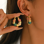 201 Stainless Steel Beaded Hoop Earrings, with Enamel, Golden, Green, 33x28mm(CL8984-1)