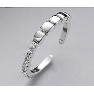 Rhodium Plated 925 Sterling Silver Rectangle Open Cuff Ring with Crystal Rhinestone, Platinum, Inner Diameter: 16mm(JR970A)