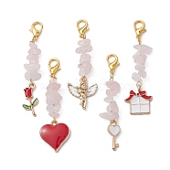 Valentine's Day Natural Rose Quartz Chip Pendant Decorations, with Mixed Shapes Alloy Enamel Pendant and Alloy Lobster Claw Clasps, Golden, 54~56.5mm(HJEW-JM01331)