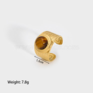 Round Natural Tiger Eye Ring, Stainless Steel Wide Cuff Ring for Women, Real 18K Gold Plated(BJ3598-1)